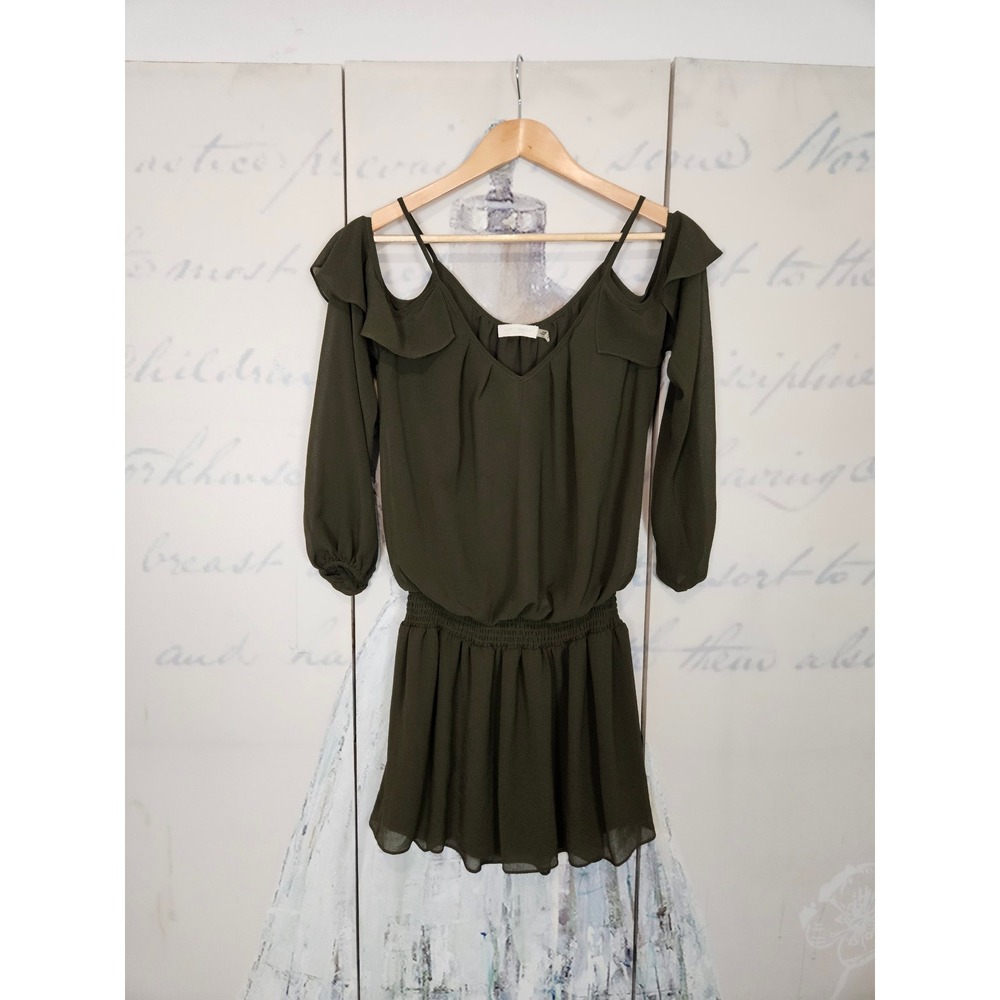 Ramy Brook Cold Shoulder Ruffle Mini Dress Small Olive Green Smocked Waist Boho